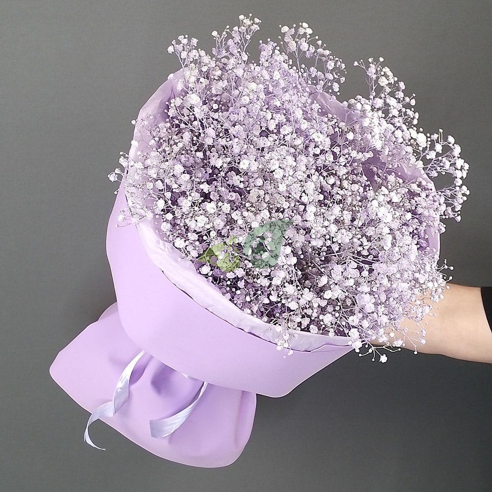 Букет из сиреневой гипсофилы в упаковке фоамиран, от 7 до 101 ветки